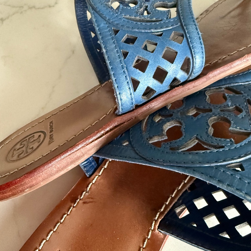Tory Burch Blue Lattice Leather Sandals - Picture 6 of 9